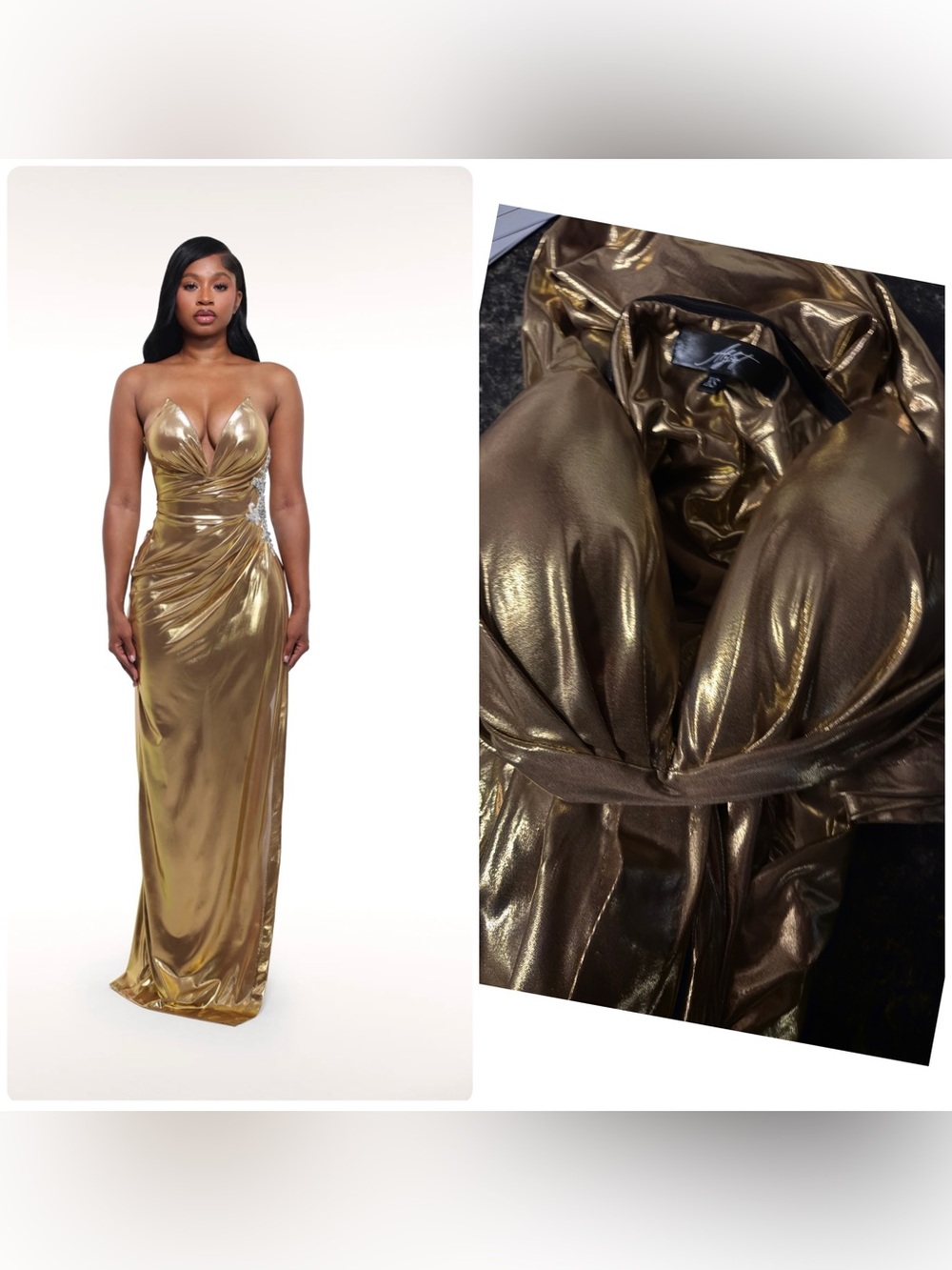 Strapless Gold Metallic Prom Gown with Draped Waistline